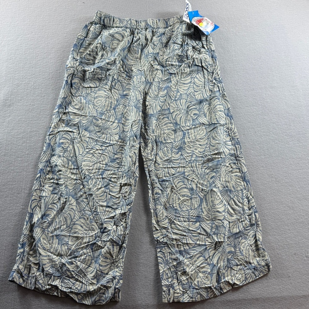 Makai Beach Aloha Bottoms Women Large Blue Tropical Leaf Print Wide Leg Pants